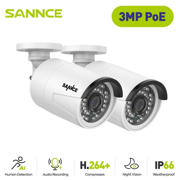SANNCE 3MP PoE IP Security Camera for PoE NVR, 2Pcs Outdoor Weatherproof Cameras with Smart IR LEDs, Night Vision, Motion Detection, One-Way Audio, Work with Alexa, Home Surveillance Camera