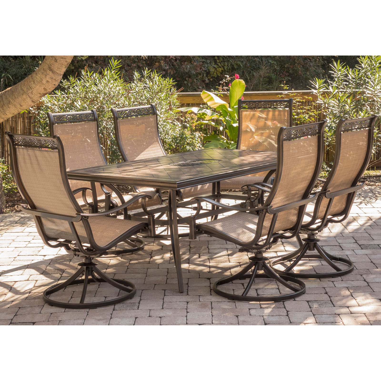 Hanover Outdoor Monaco 7-Piece Tile-Top Dining Set with Sling Chairs and Umbrella with Stand, Cedar - image 5 of 12