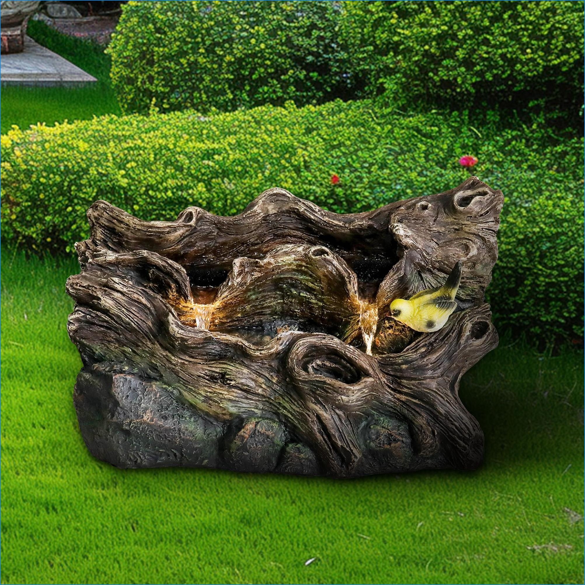 Fountains | 14.1" Rustic Tree Trunk Outdoor Fountain for Garden Patio, Adjustable Pump, No Assembly | Tan Brown | Concrete / Cement