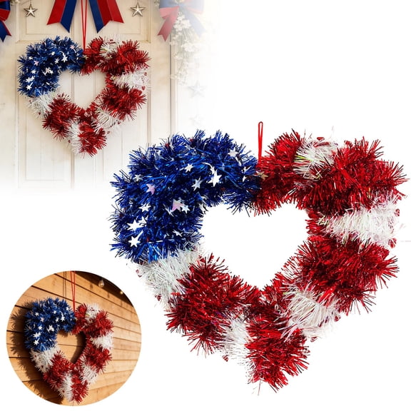 4th of July Heart Shaped Tinsel Wreath, 11 Inch American Flag Patriotic Wreath for Front Door, Red White Blue Flag Themed Wall Hanging Ornament, Festive Independence Day Decoration for Event