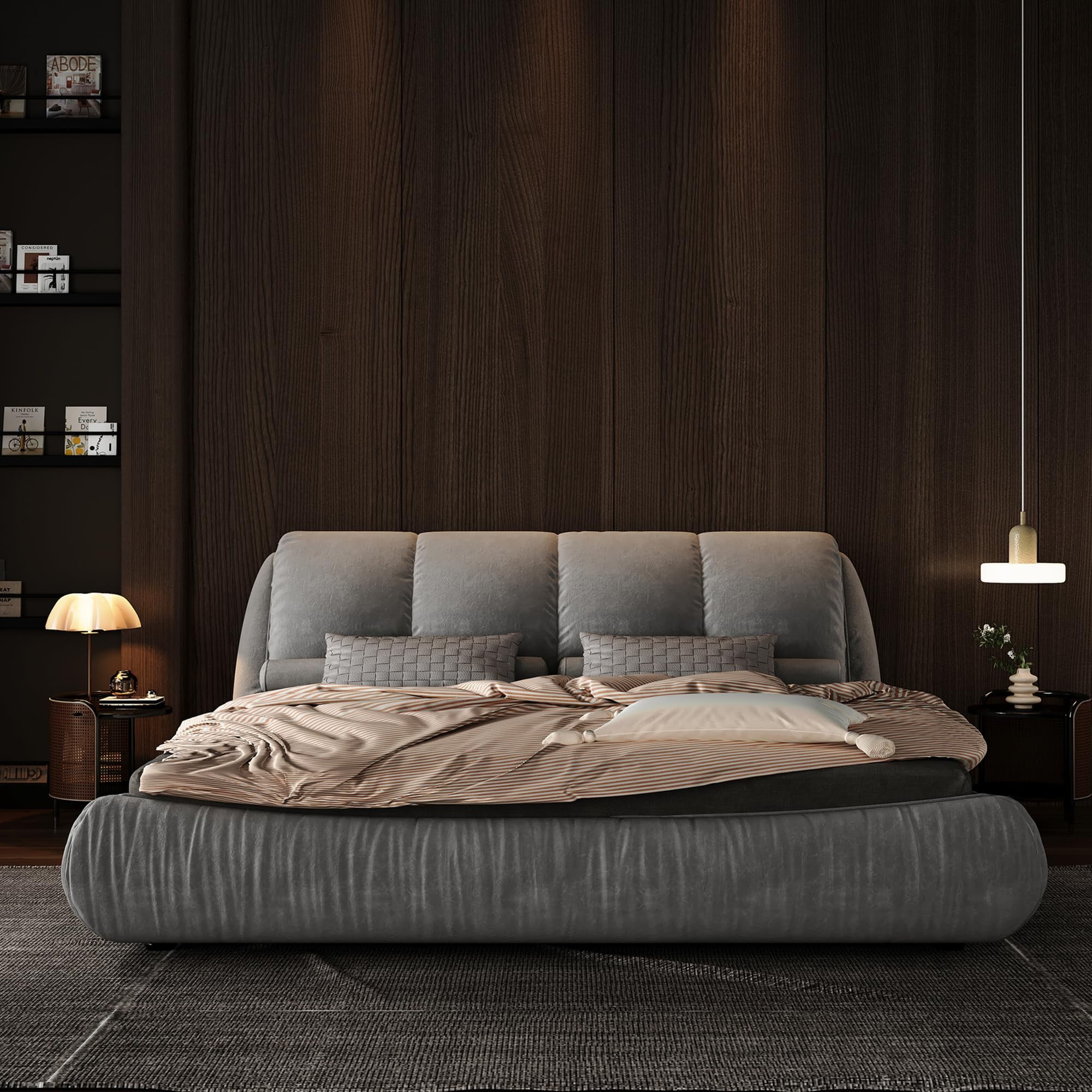King Bed Frame And Headboard,Upholstered Platform Bed With Oversized Padded Backrest And Solid Wood Bed Frame For Bedroom,Apartment Room,Gray
