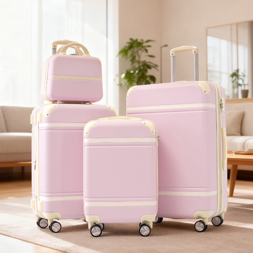 MAYEERTY Vintage 4-Piece Luggage Set - 20"+24"+28" Expandable Hardside Suitcase + Cosmetic Case with TSA Lock & Spinner Wheels, Light Pink