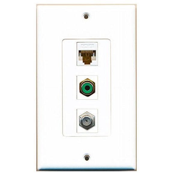 RiteAV - 1 Port RCA Green and 1 Port Coax Cable TV- F-Type and 1 Port Cat6 Ethernet White Decorative Wall Plate Decorative
