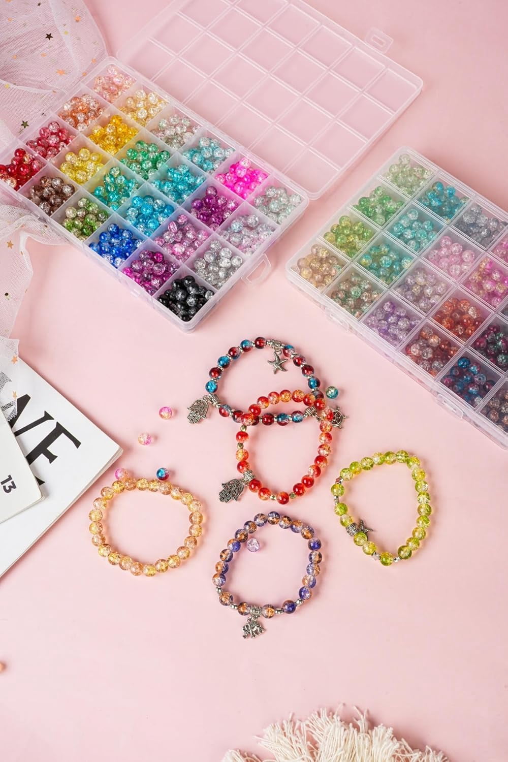 1300PCS 8mm Mixed Crackle Glass Beads for Bracelets Making with Accessories, 48 Colors Crystal Glass Beads Jewelry Making Kit, Round Beads for DIY Bracelet Crafts