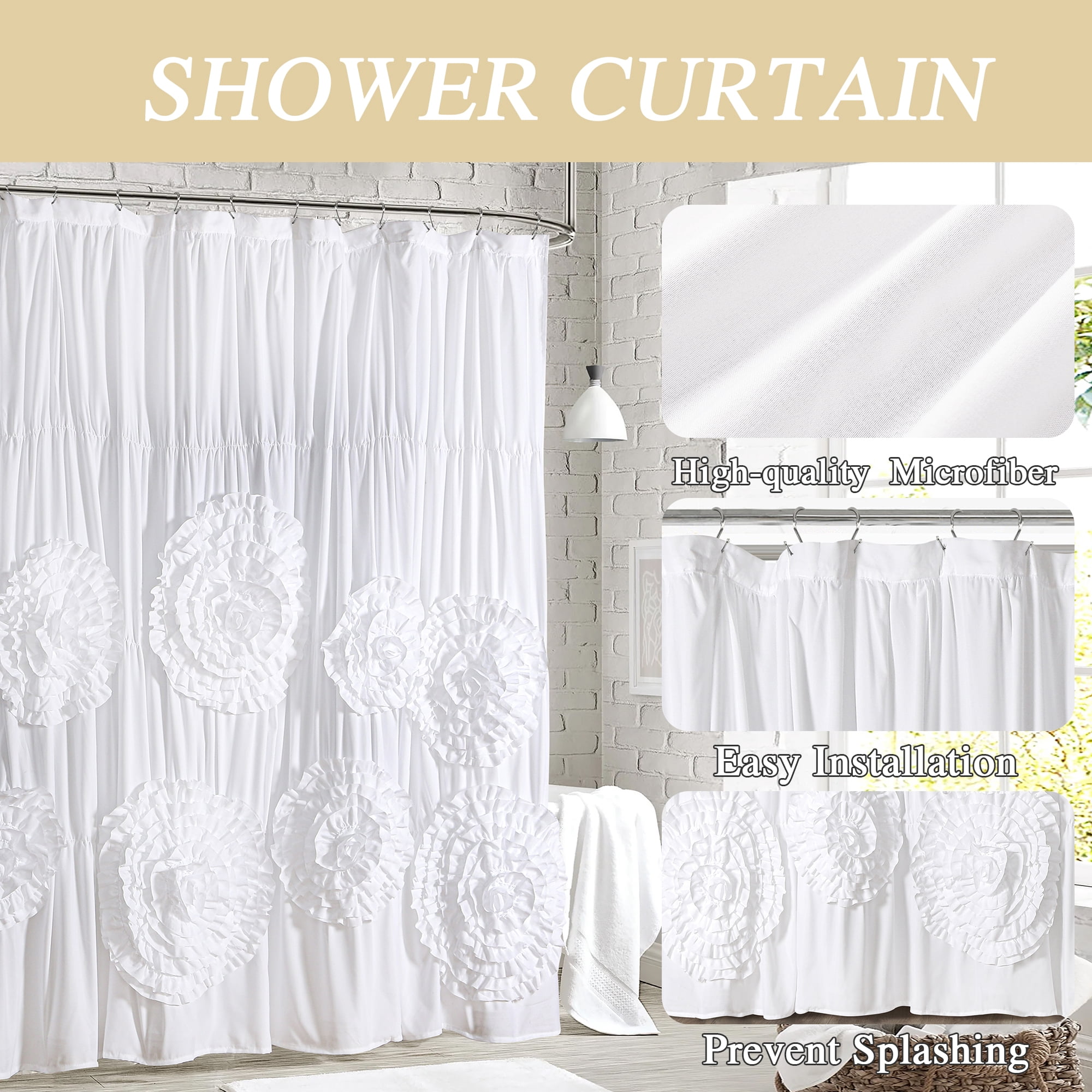 HIG Boho Ruffled Shower Curtain - Oversized Floral Print, Heavy Fabric with Elegant Draping for Bathroom, 72"x72", White