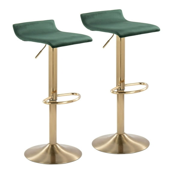Ale Contemporary Glam Adjustable Height Barstool With Swivel In Gold Brushed Metal And Green Velvet With Oval Footrest -