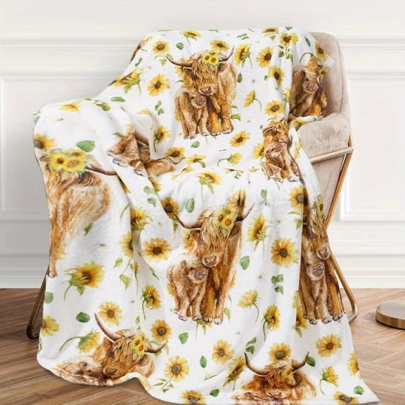 Cozy Highland Cow & Sunflower Flannel Blanket – Soft, Fuzzy, Farmhouse Style Throw for Home, Bed, Sofa, or Travel, 50 x 60 Inch, 280gsm, Anti-Pilling