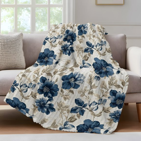 Navy Blue Beige Floral Fleece Throw Blanket for Couch, Vintage Farmhouse Floral Leaves Microfiber Flannel Blanket for All Season, Lightweight Soft Throw Blankets for Baby, Kids, Pets, 30"x40"