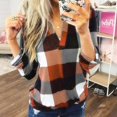 thumbnail image 1 of Camisa de mujer con estampado a cuadros y cuello en V, manga larga, algodón, camiseta de primavera, naranja, 3XL, 1 of 5