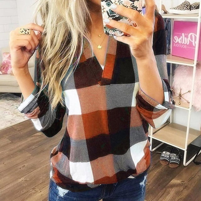 Camisa de mujer con estampado a cuadros y cuello en V, manga larga, algodón, camiseta de primavera, naranja, 3XL