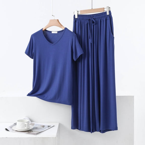 sdhkgrrt Women's 2 Piece Pajama Set V Neck Short Sleeve Pullover Wide Leg Pants Casual Outfit Basic Loose Matching Lounge Set Home Daily Wear Fall Tracksuit, Blue XL