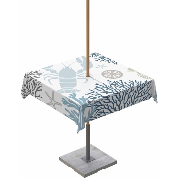 nqOlkjepod Blue Beige Coastal Outdoor Tablecloth with Umbrella Hole & Zipper, Summer Lobster Coral Nautical Square Table Cover 60x60 Inch, Dining Waterproof Table Cloth Protector for Patio/Party