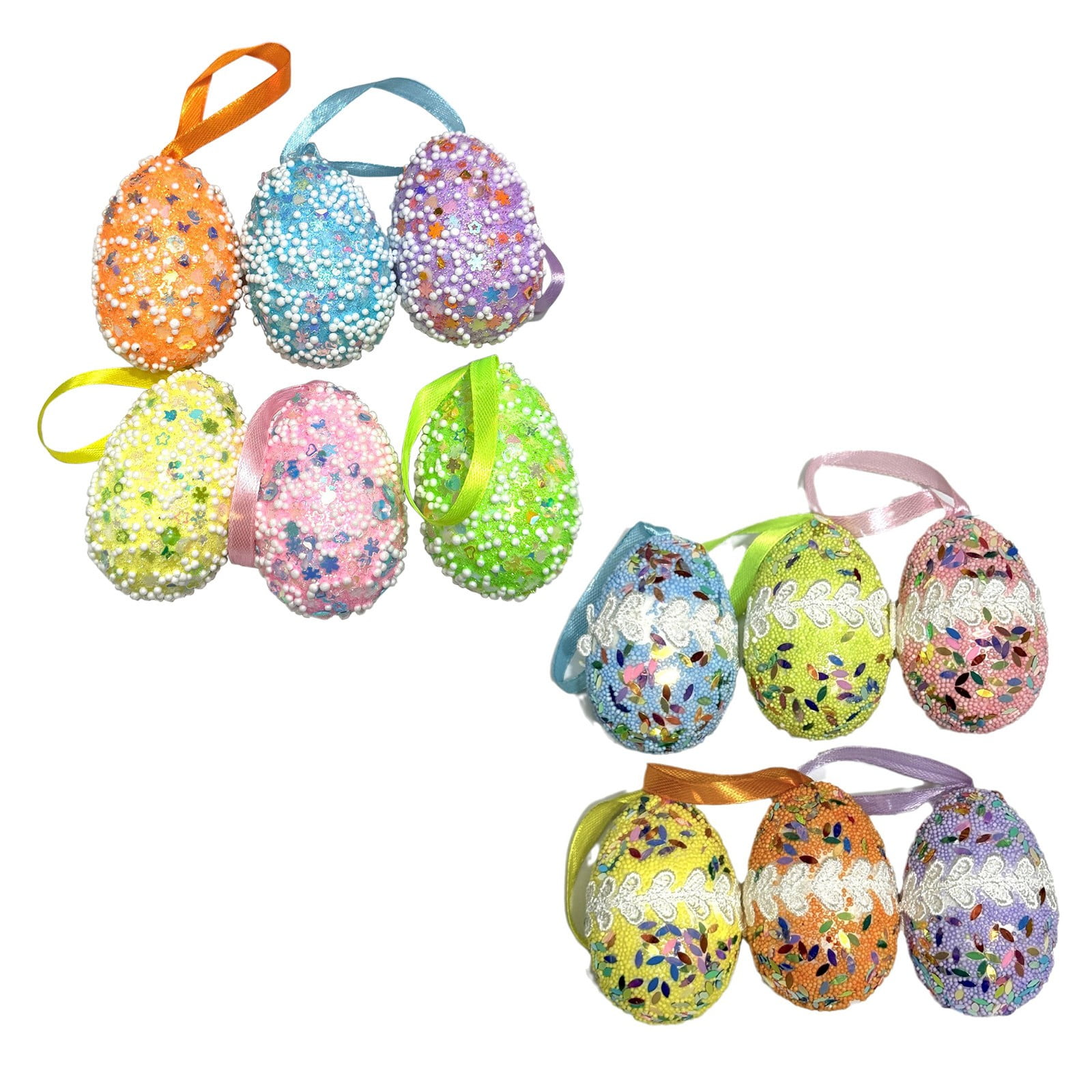 12PCS Easter Hanging Egg Ornaments with Glitter Beads and Lace Trim Foam Decorated Eggs with Ribbons for Easter Tree Wreath Party Backdrop and DIY Crafts