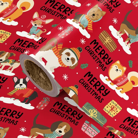 1 Roll of Christmas Cute Dog Pattern Wrapping Paper, Festive Decorations and Gift Packaging