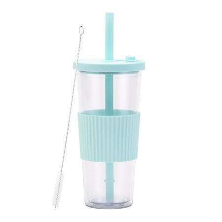 

JVMU 24oz Boba Tea Cups Portable Reusable Plastic Double Wall Iced Coffee Cup with Straw and Lid Light Green