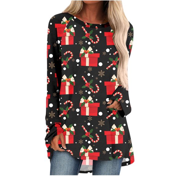 Fesfesfes Xmas Tops for Women Casual Long Sleeve Shirts Round Neck Blouse Christmas Printed Tops Sale Clearance