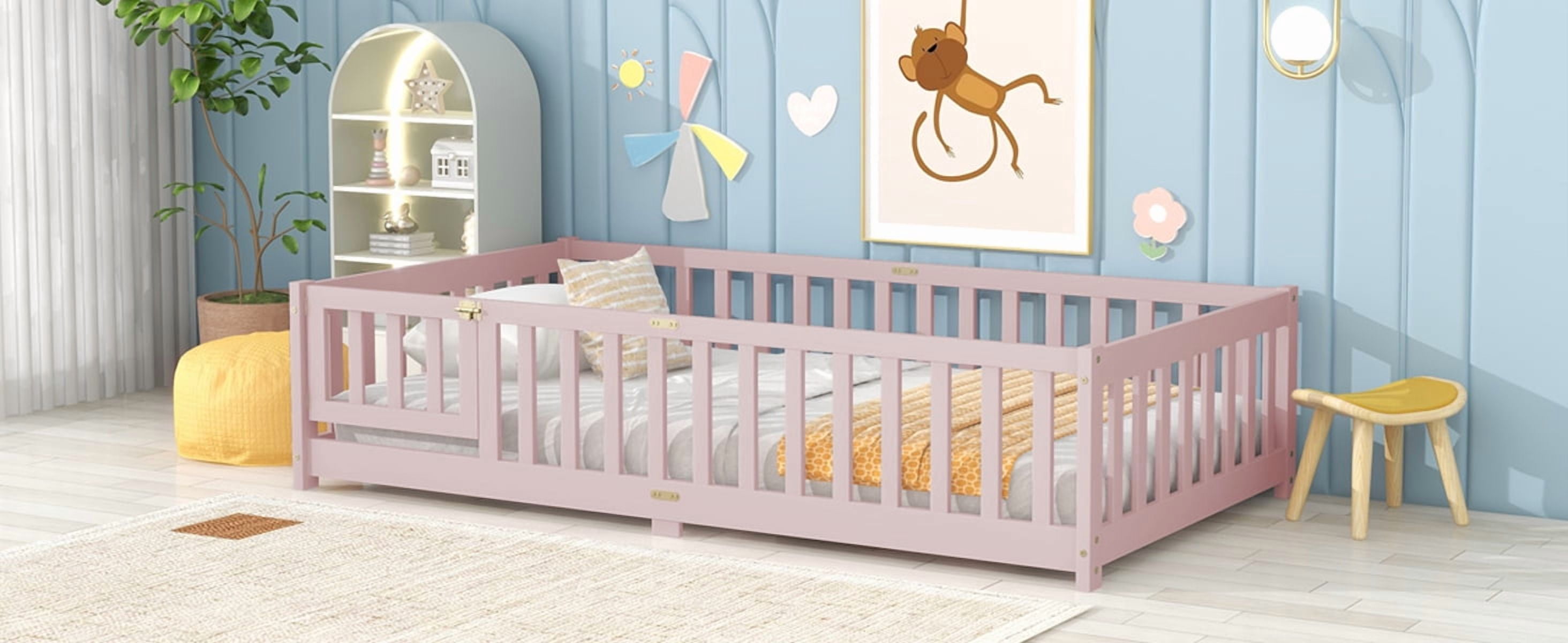 Mintazer Twin Floor Bed with Fence and Door, Montessori Bed with 17.5" Safety Guardrails for Kids Girls Boys, Light Pink