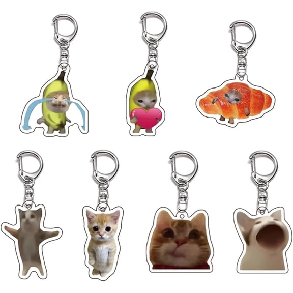 Banana Cat Keychains Y2k Kawaii Meme Funny Keychains Phone Car Weird Cute Bag Backpack Purse Charms 7PCS