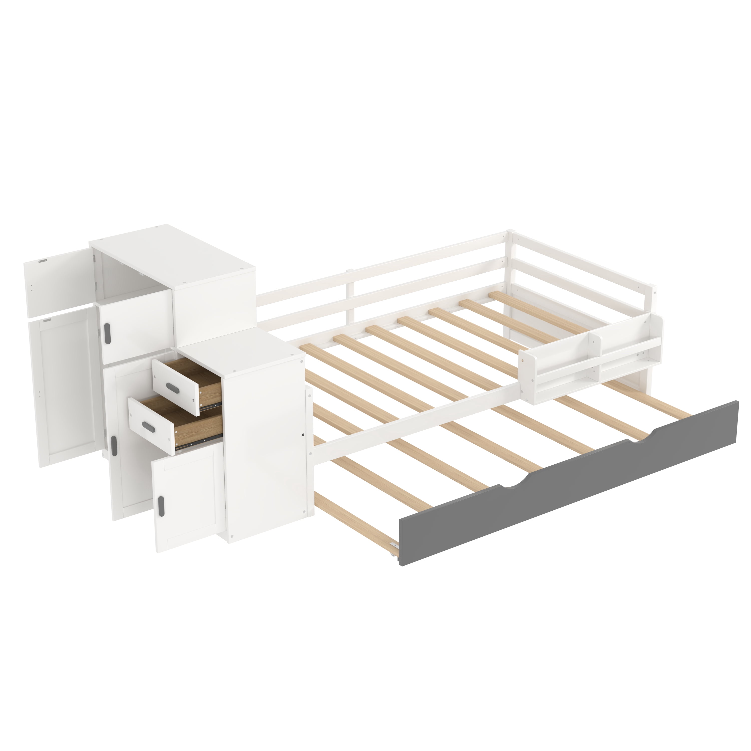 Euroco Wood Twin Size Daybed with Trundle, Storage Bed with Bookcase and Wardrobe, White