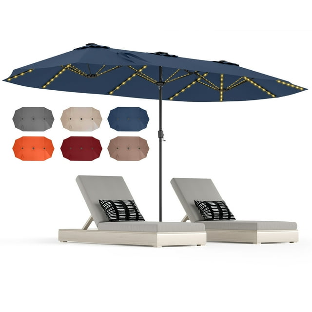 Gymax 15.5 FT Double-sided Patio Umbrella w/ Solar Lights Outdoor Twin Size Umbrella Navy