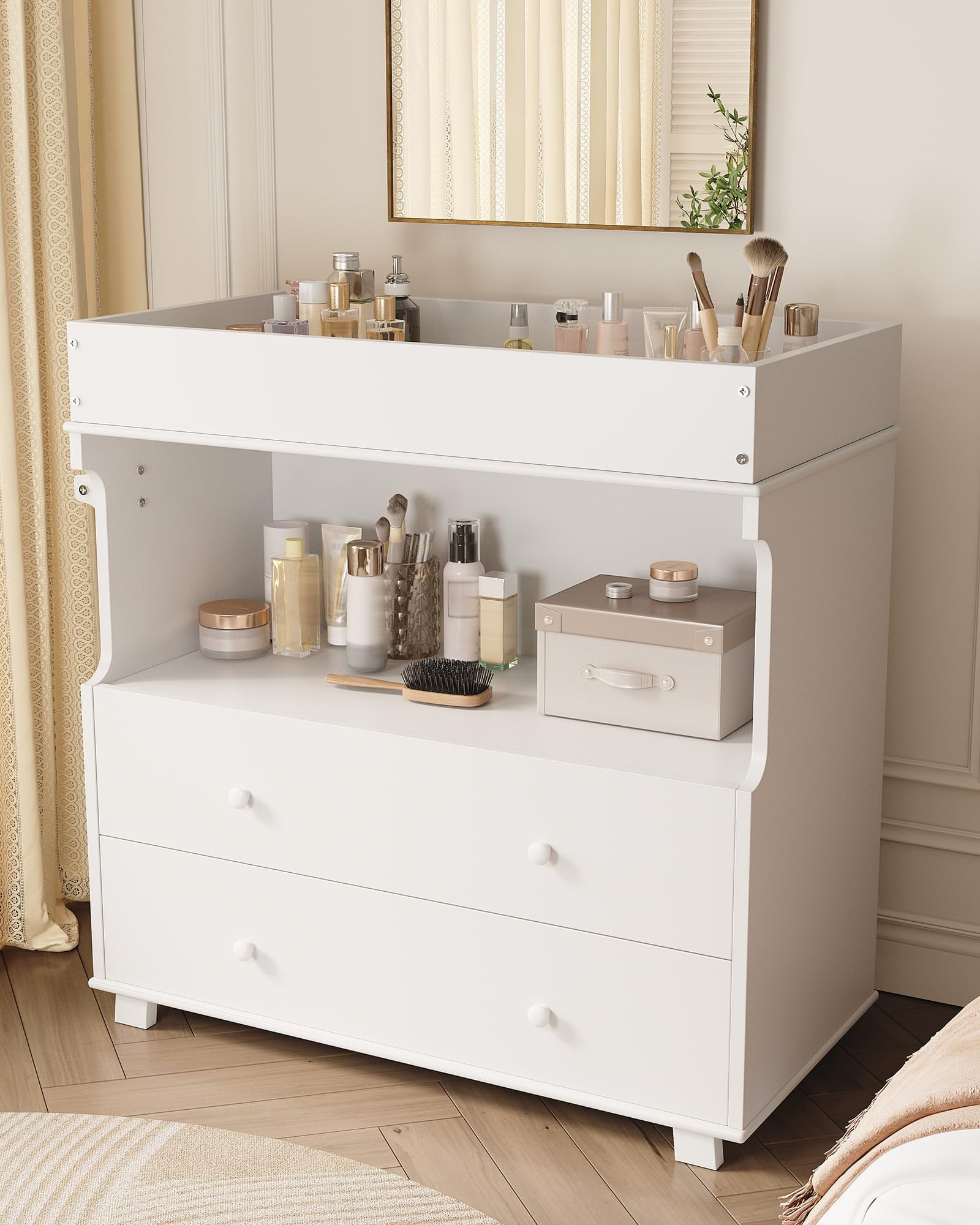 Huisuilinss Changing Table Dresser,Baby Nursery Dresser,Modern Wood Diaper Changing Station With 2 Drawers & Shelves,Multi-Functional Chest Of Drawer For Nursery Room Bedroom Kids Room