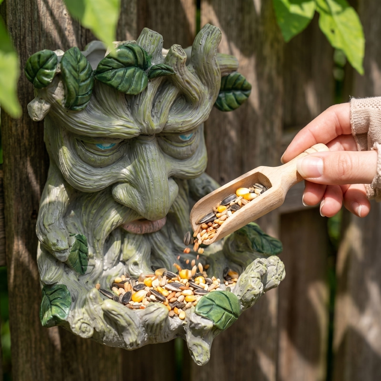 Tree Spirit Bird Feeder Outdoor Garden Decorative Feeding Station for Birds with Unique Design Attractive to Wildlife Perfect for Backyard Patio Balcony Yard 1pc Green White Plastic