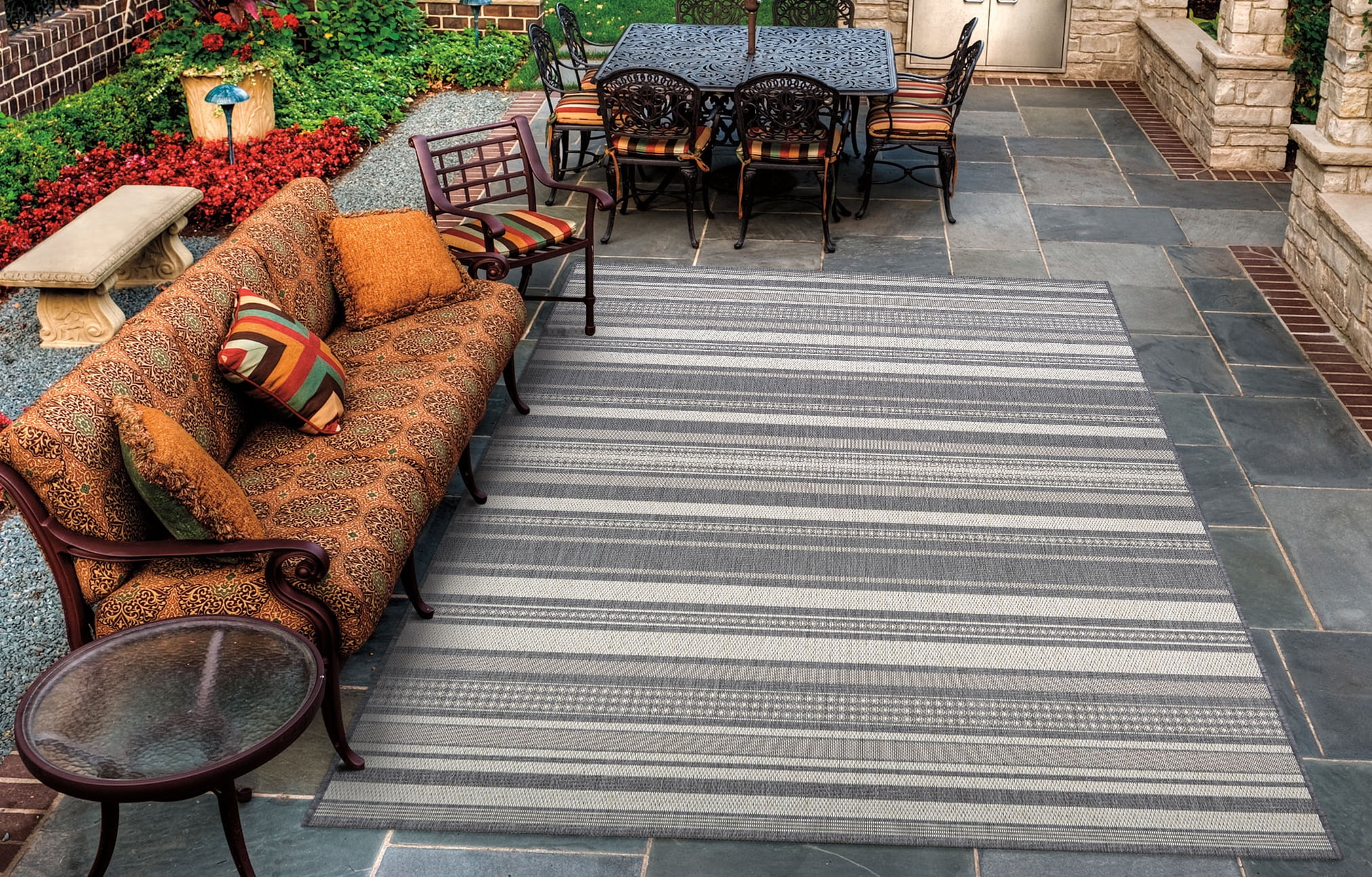 Couristan Recife Gazebo Stripe Indoor / Outdoor Area Rug, Champagne- Grey, 8'6" Square