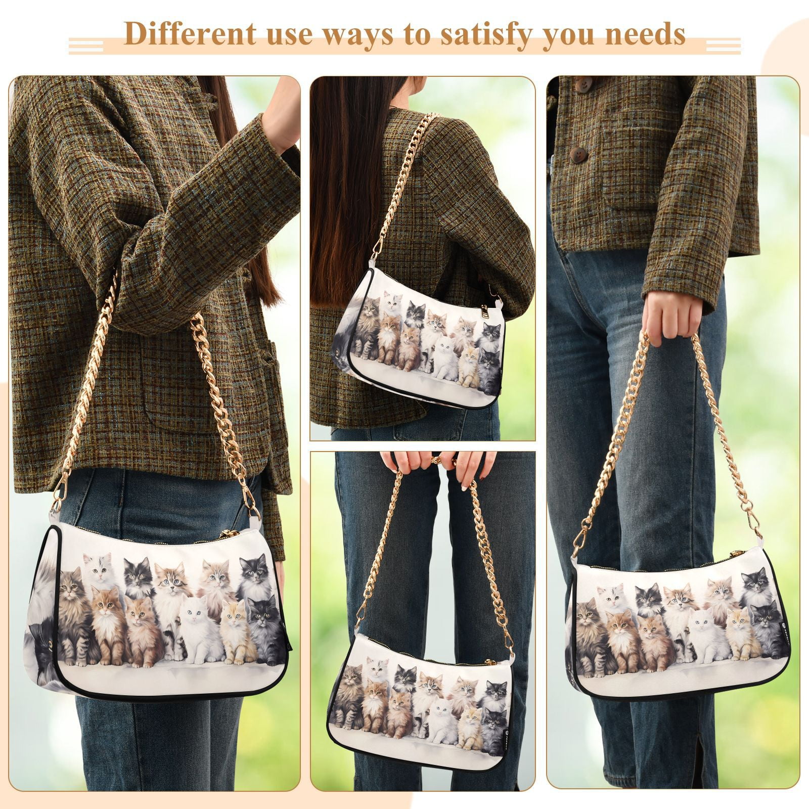 Cats WhiteWomen Small Shoulder Bag Crossbody Tote Hobo Bags Purse Clutch Handbags with Chain Strap for Women