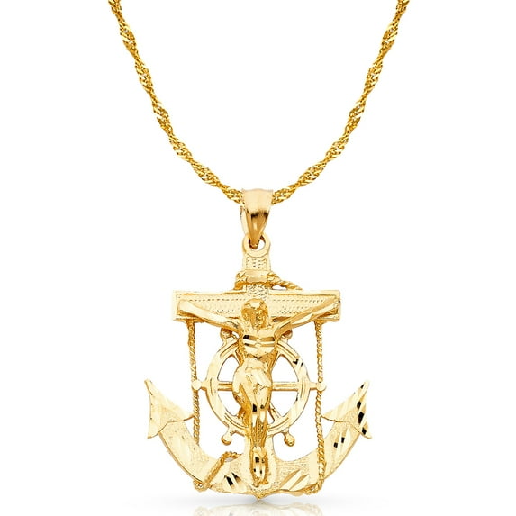 14K Yellow Gold Mariner Crucifix Charm Pendant with 1.8mm Singapore Chain Necklace - 20"