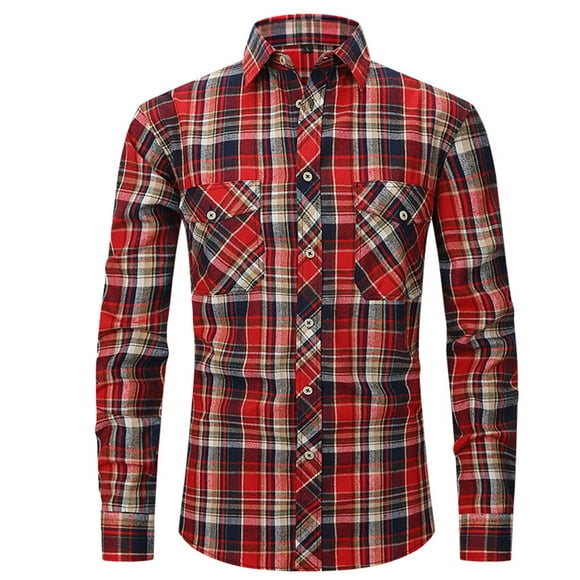 Yuyuzo Fall Casual Shirts for Men Plaid Work Blouse Button down Lapel V Neck Long Sleeve Going out Tops