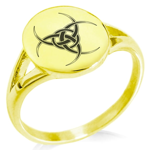 Stainless Steel Interlock Tribal Biohazard Minimalist Oval Top Polished Statement Signet Ring