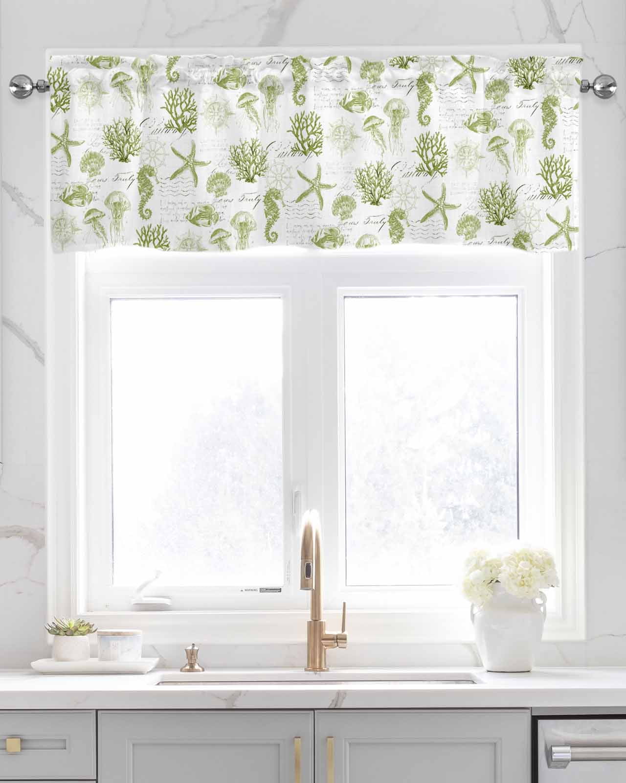 Sage Green Coastal Kitchen Valances for Windows Farmhouse Linen Window Valance Curtain for Living Room Window Treatment Starfish Jellyfish Fish Coral Shells Valance Rod Pocket Topper, 60 x 18 Inch