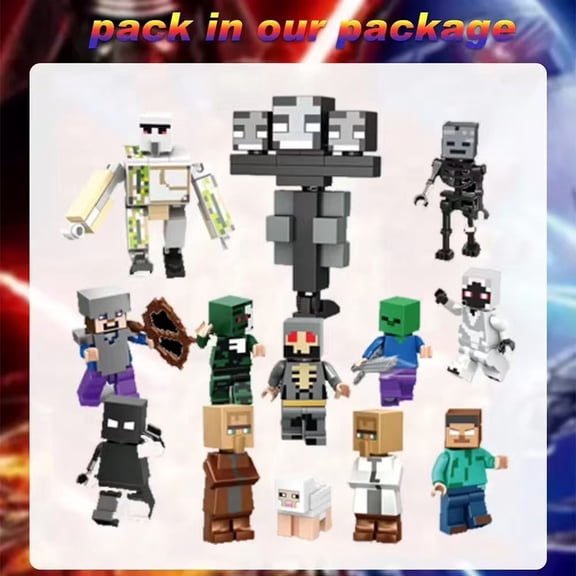 Pixel Sandbox Game Building Blocks Figures Set, 13 PCS Pixel Character Action Figures with Boss Mobs Villagers Animals, Pixel World Collection Kit, Video Game Themed Building Toys