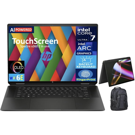 HP Spectre x360 AI Powered 2-in-1 Laptop 16.0in Touchscreen OLED 2.8K Display (Intel Ultra 7-155H, 32GB LPDDR5X, 512GB SSD, Backlit KB, Fingerprint, 2 Thunderbolt 4, Win 11 Home) w/Premium Backpack