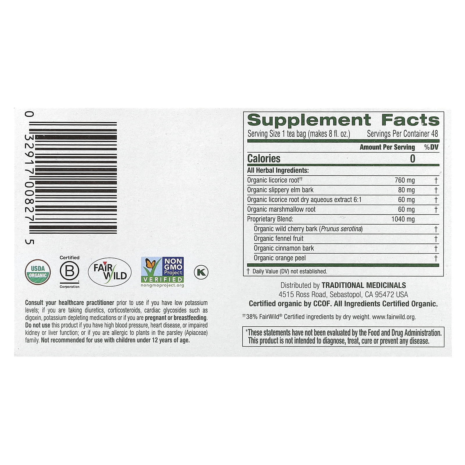 Traditional Medicinals Organic Throat Coat®, Original with Slippery Elm, Caffeine Free, 48 Wrapped Tea Bags, 3.38 oz (96 g)