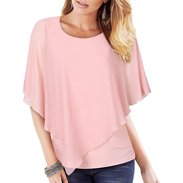 Txlixc Blusas de gasa fluidas para mujer, blusas de cuello redondo sueltas de color sólido informales de doble capa Txlixc Moda