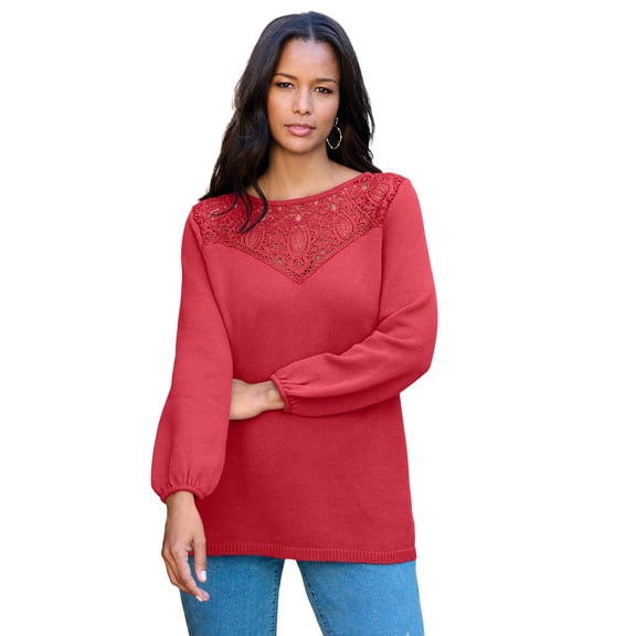 Roaman's Women's Plus Size Lace Mesh Pullover Sweater