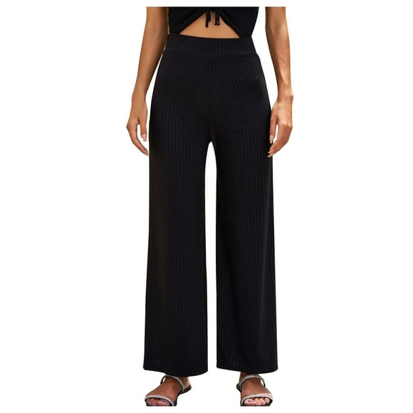 Mrat Pantalon Femme Longueur Complète Printemps et Été Mode Couleur Unie Décontracté Ample Respirant Extensible Extérieur Grand Jambe Tendance Noir TTG