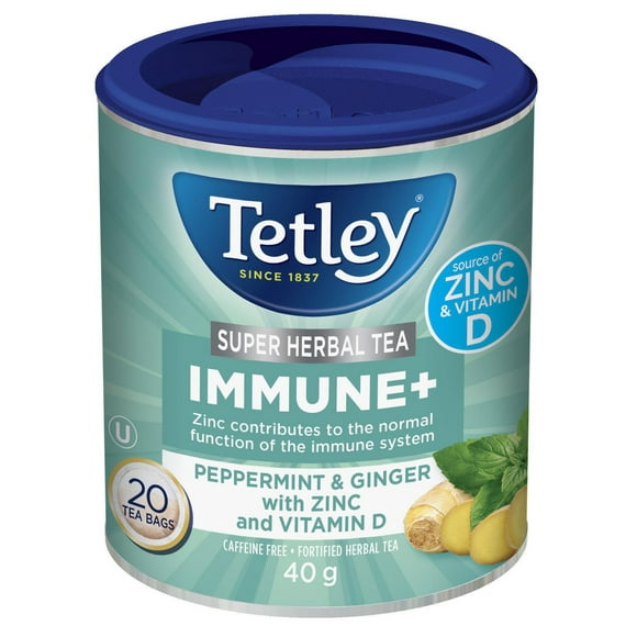 Tetley Super Herbal Tea Immune+ -Peppermint & Ginger with Zinc and Vit D, 20 tea bags