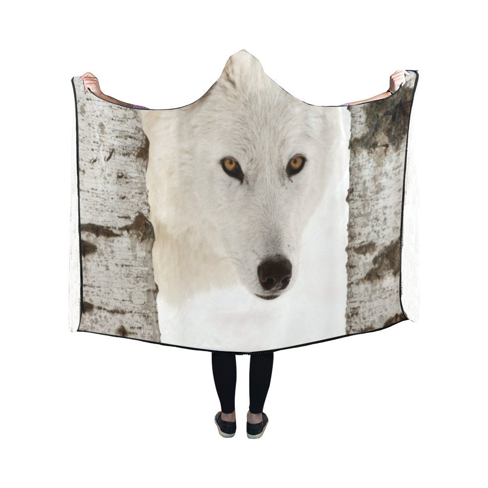 ASHLEIGH Hooded Blankets Arctic Wolf Throw Wearable Antipilling Polar Fleece Blanket Wrap 40x50