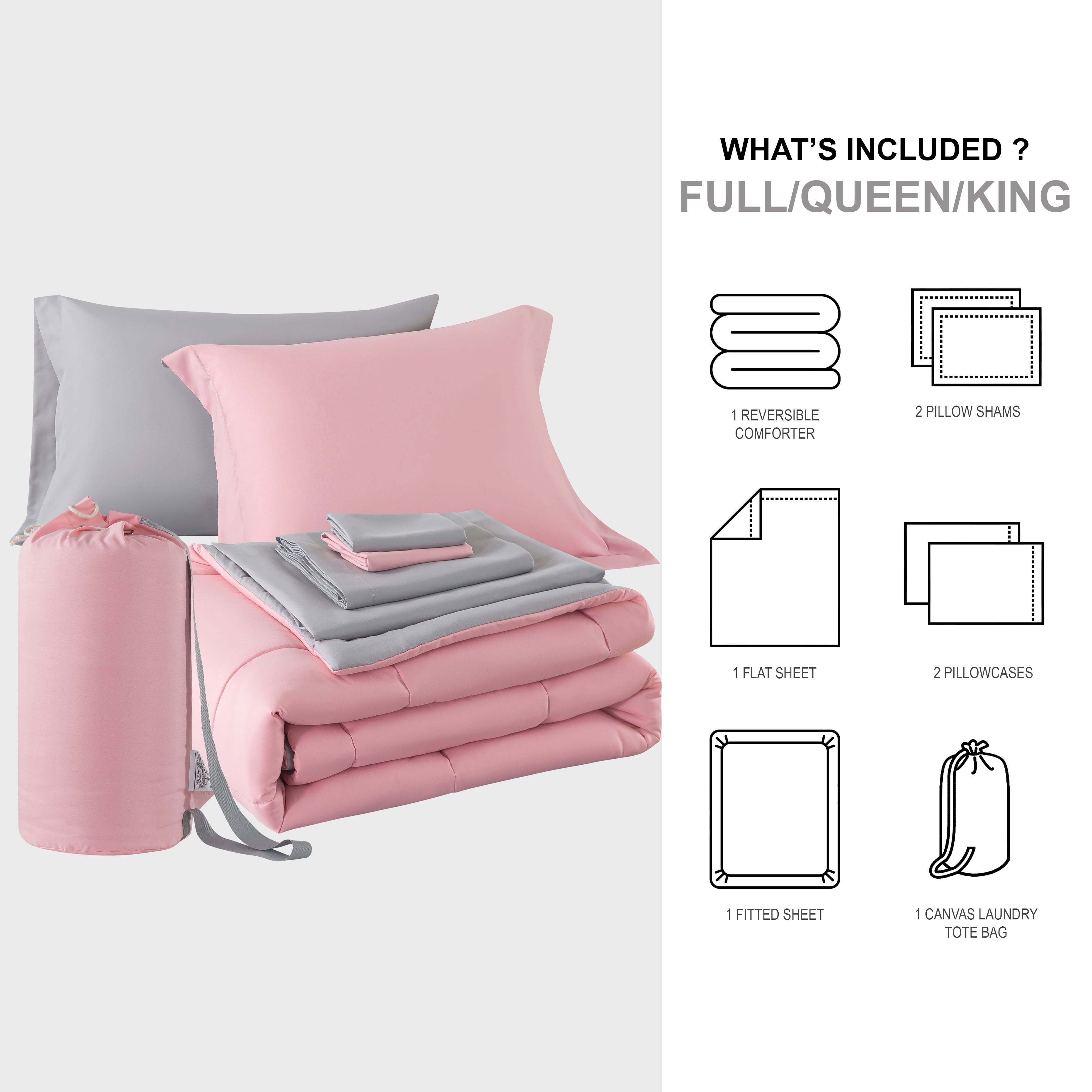 Mainstays 7-Piece Reversible Bed in a Bag with Laundry Tote, Solid Pink, Full