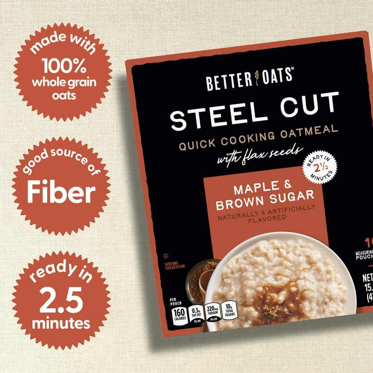Better Oats Maple & Brown Sugar Steel Cut Instant Oatmeal with Flax Seeds, 10 Packets, 15.1 oz Pack