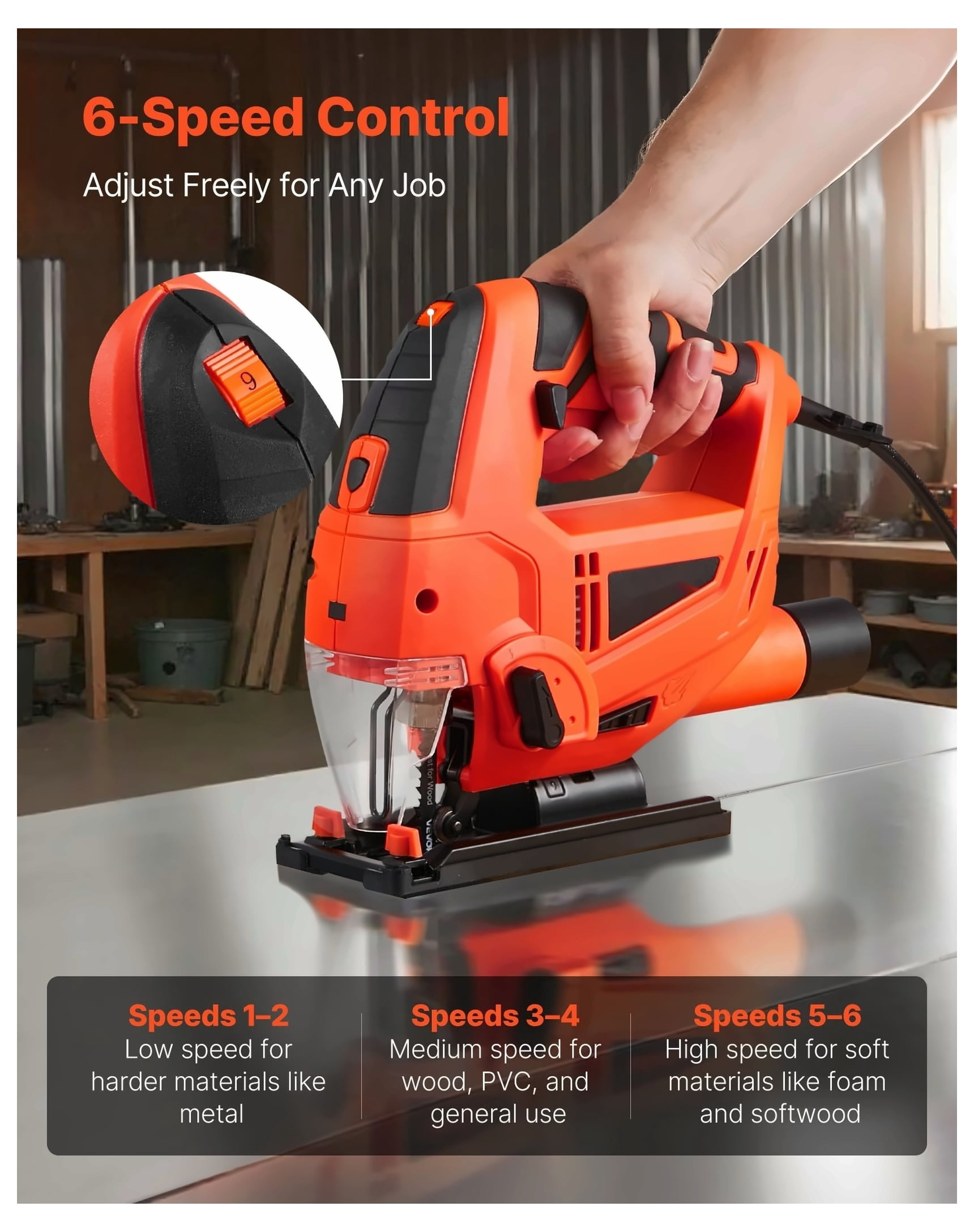 Jig Saw, 6.5 Amp, 3000 SPM Blade Speed, Electric Jigsaw with 6 pcs Blades, LED Light, 6 Variable Speed, 0- 45° Bevel Cuts, 4 Orbital Settings for Straight/Circle Cutting, for Wood and Metal