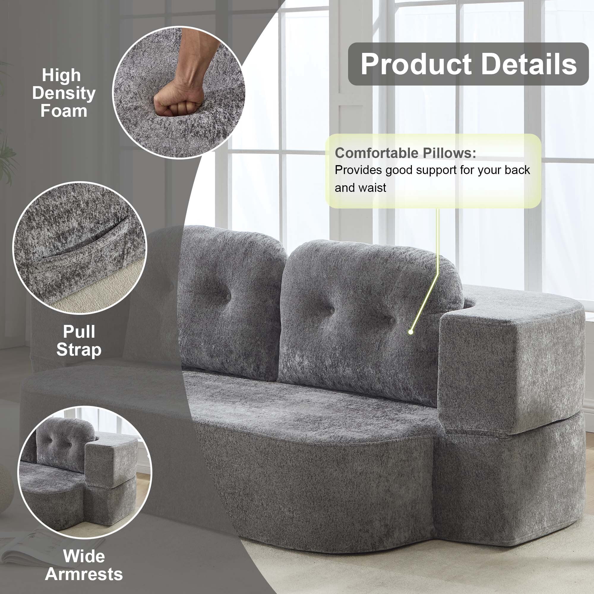 GNIXUU 78.7" W Boneless Cloud Loveseat Sofa, 2 in 1 Convertible Floor Folding Couch Bed Furniture, No Assembly Compressed Comfty Foam Lounge Sleeper for Apartment Office Bedroom Living Room