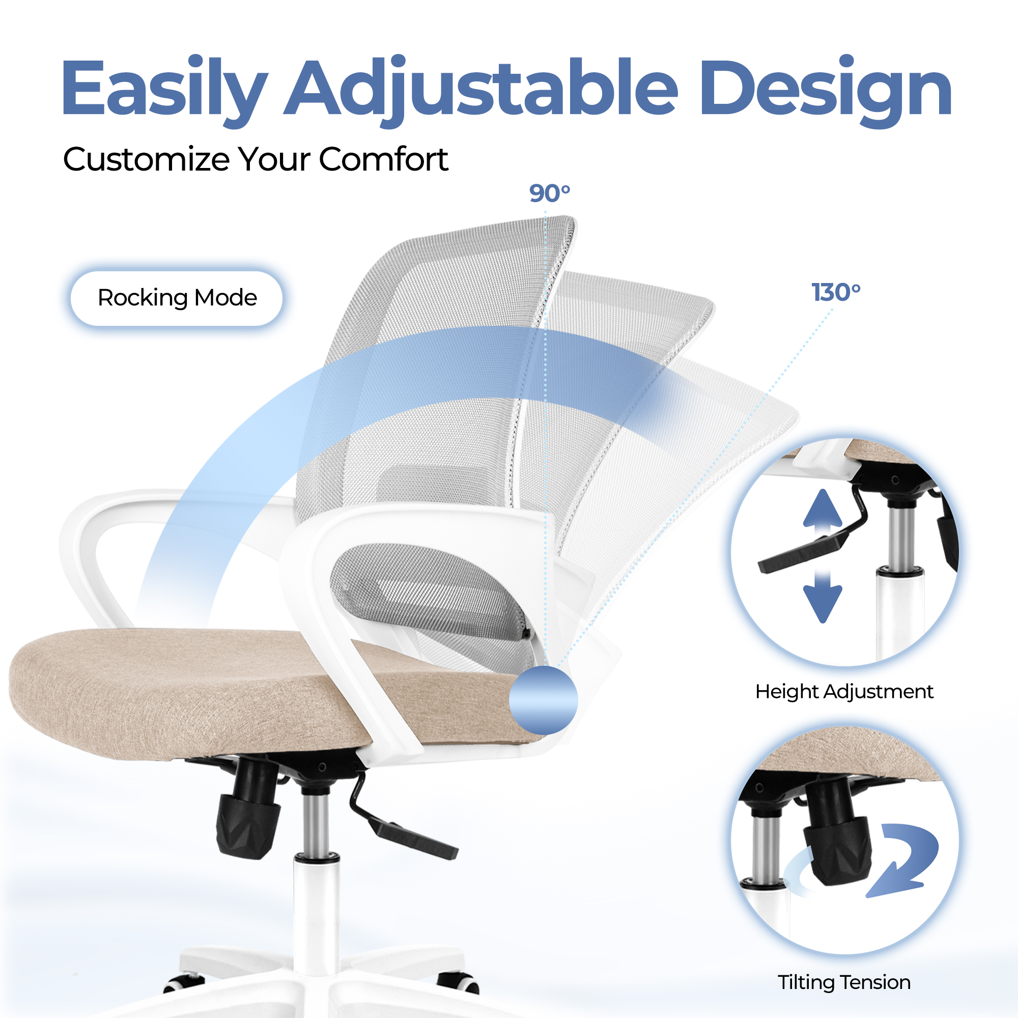 CELTOSS Ergonomic Home Office Chair, Mid Back Lumbar Support Desk Chair, Adjustable Height with Armrests for Adults, Beige