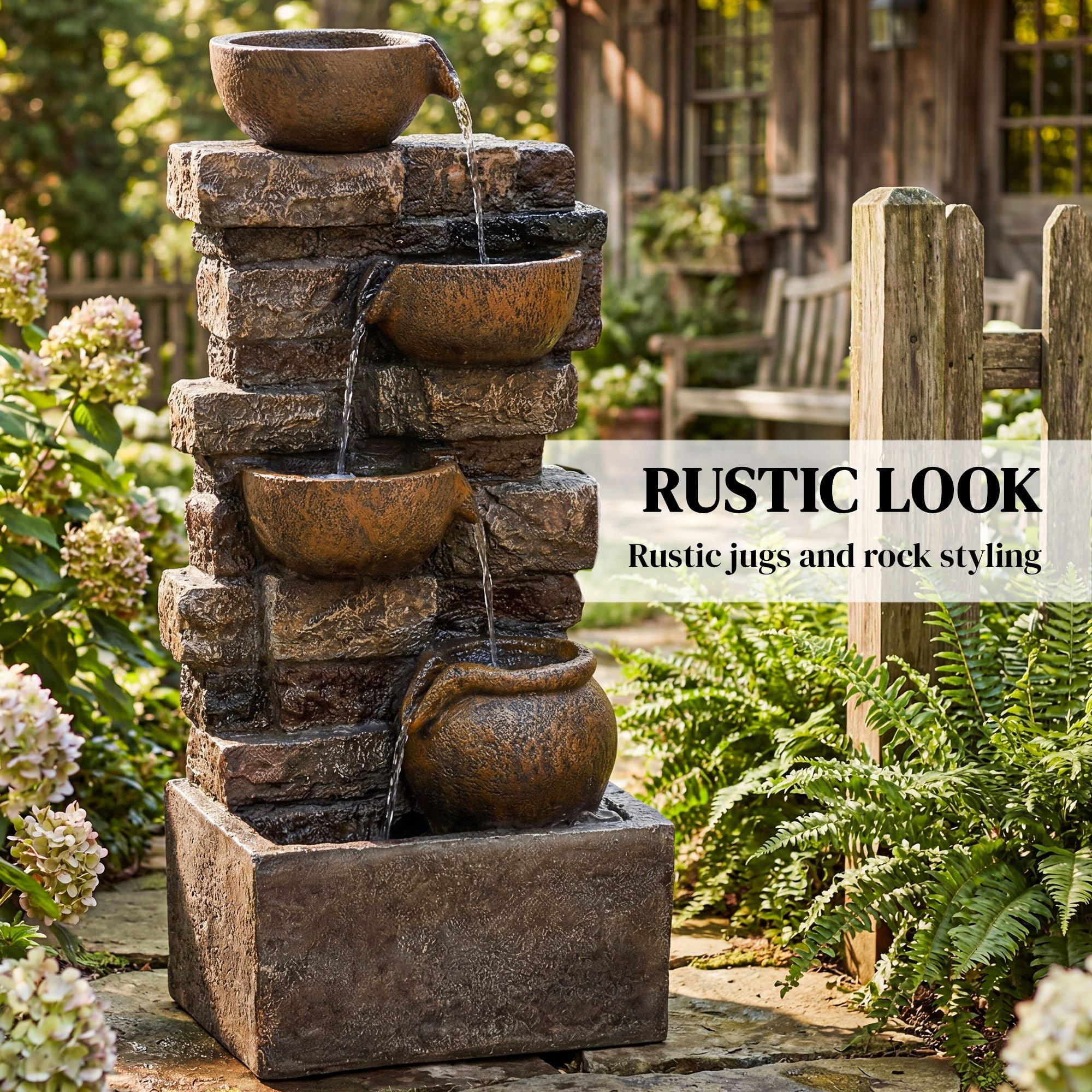 Dranite 28" Outdoor Fountain 5-Tier Rustic Jugs Cascading Waterfall with LED Lights
