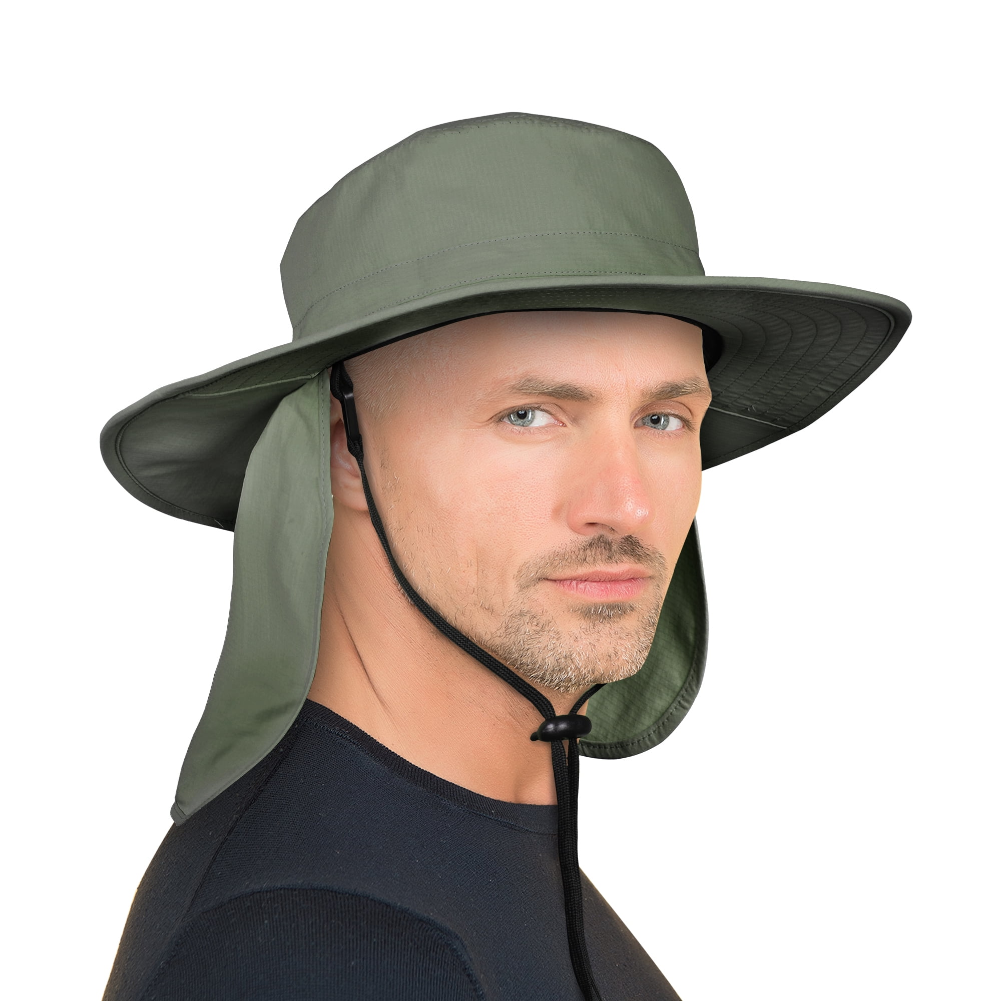 Wide Brim Boonie Hat w/Ponytail Hole UV Sun Protection Safari Cap w/Neck Flap