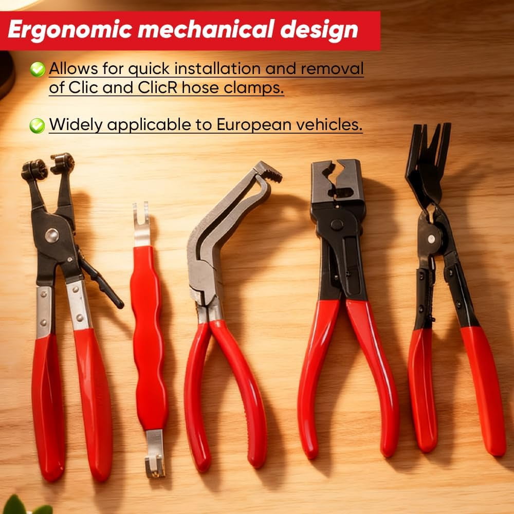 5-Piece Automotive Electrical Disconnect Pliers Kit, High-Carbon Steel 60° Angled Connector Separator, Hose Clamp Pliers, Trim Clip Removal Tools, Plug Release & Wire Terminal Remover for Auto Repair