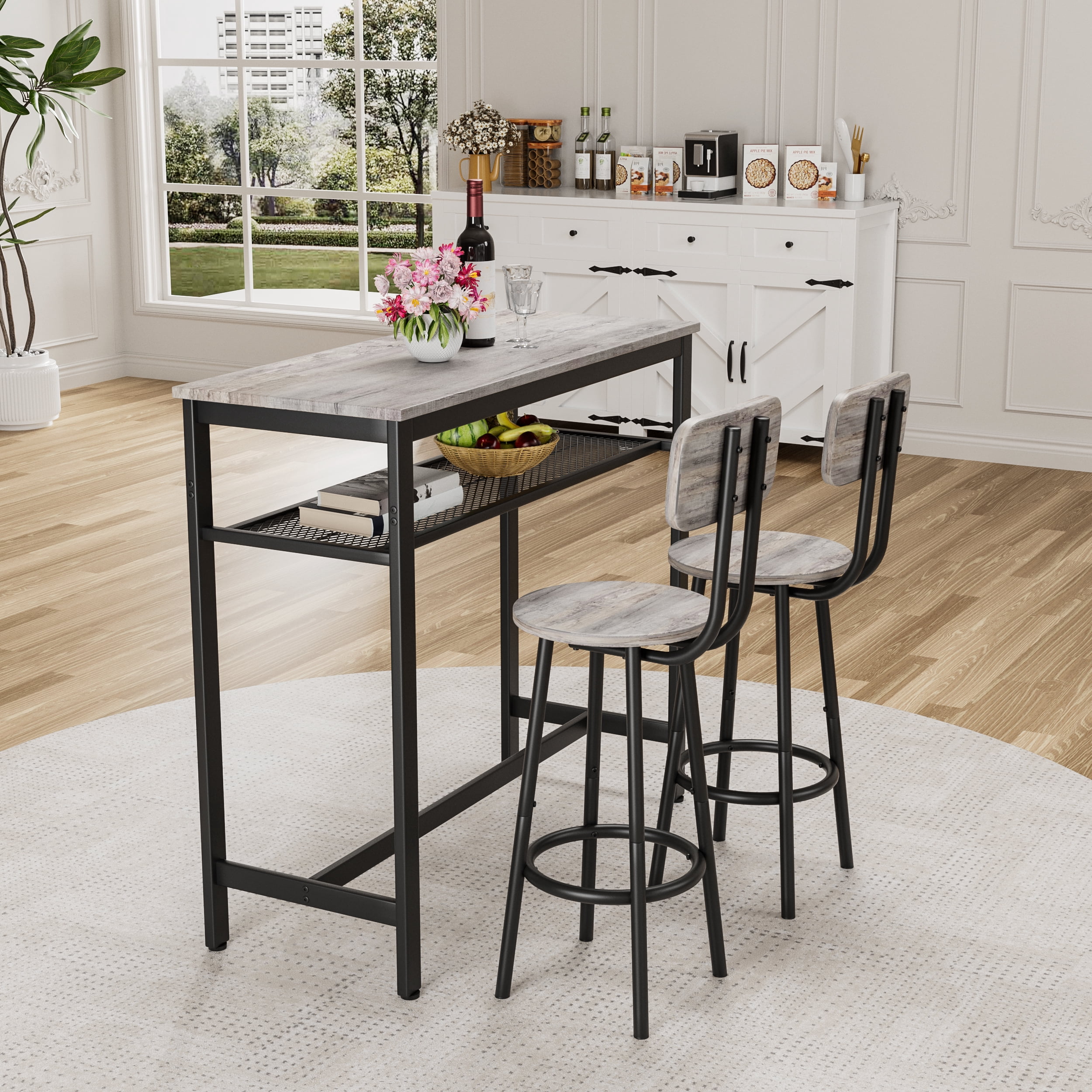 3-Piece Bar Table Set,Bistro Kitchen Table Sets with Metal Frame & Storage Rack,Modern Counter Height Table with 2 Stools for Kitchen, Dining Room, Living Room,