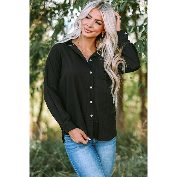 ABPHQTO Camisa de mujer de manga larga negra con bolsillo abotonado texturizado Walmart en linea